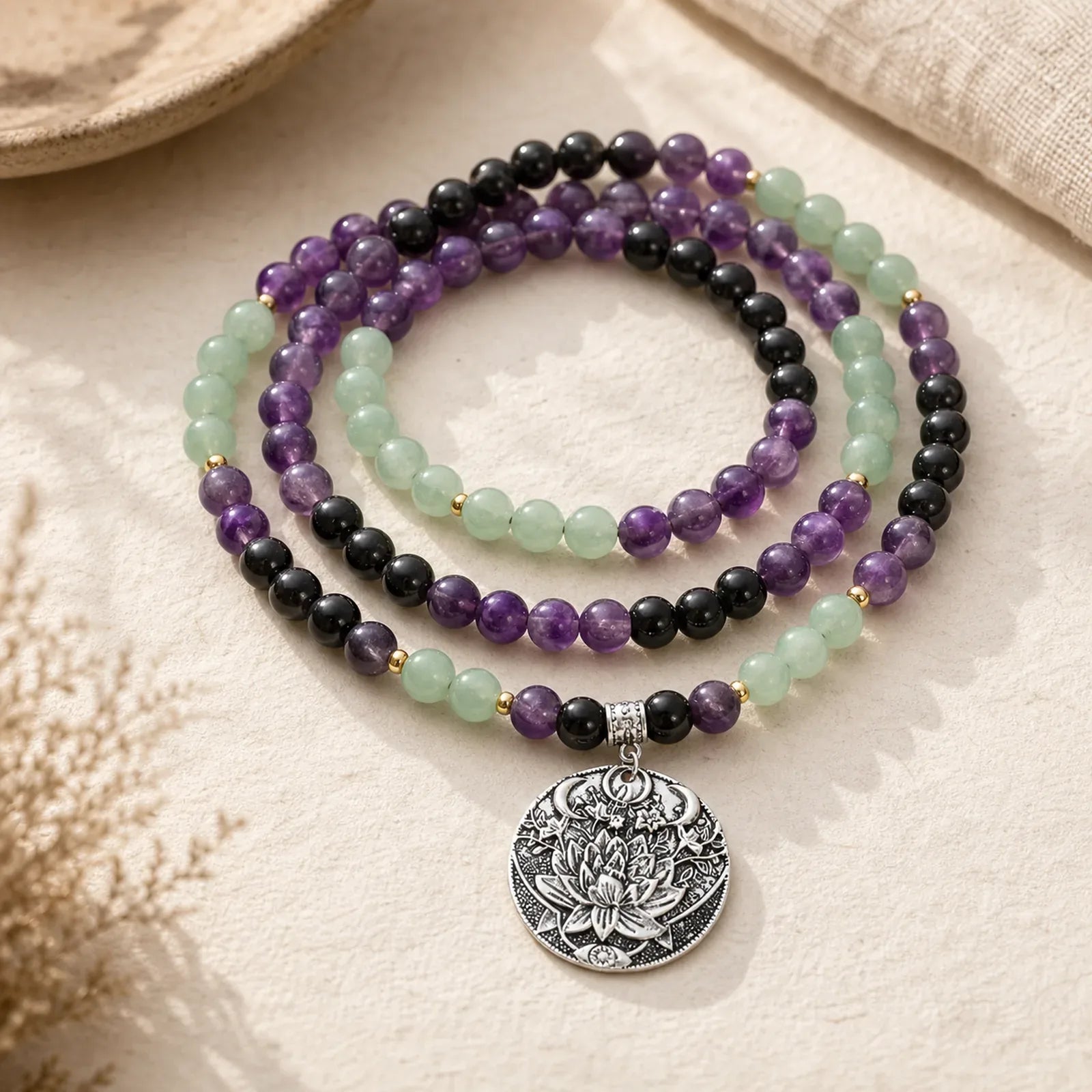 Amethyst, black onyx & green aventurine beaded bracelet with lotus charm for healing and protection