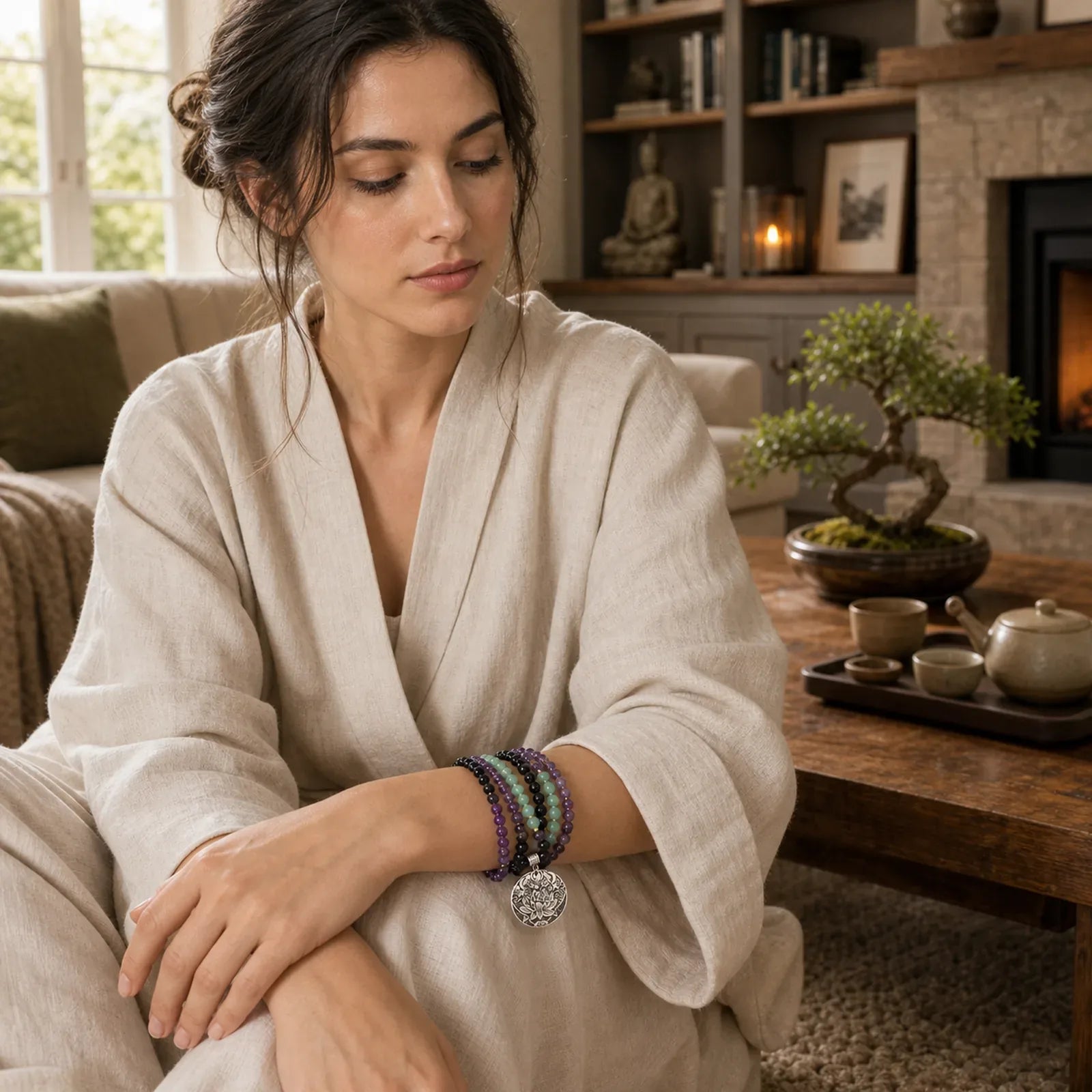 Woman wearing stacked gemstone bracelets with lotus charm, featuring jade, amethyst, and obsidian beads for healing and protection.