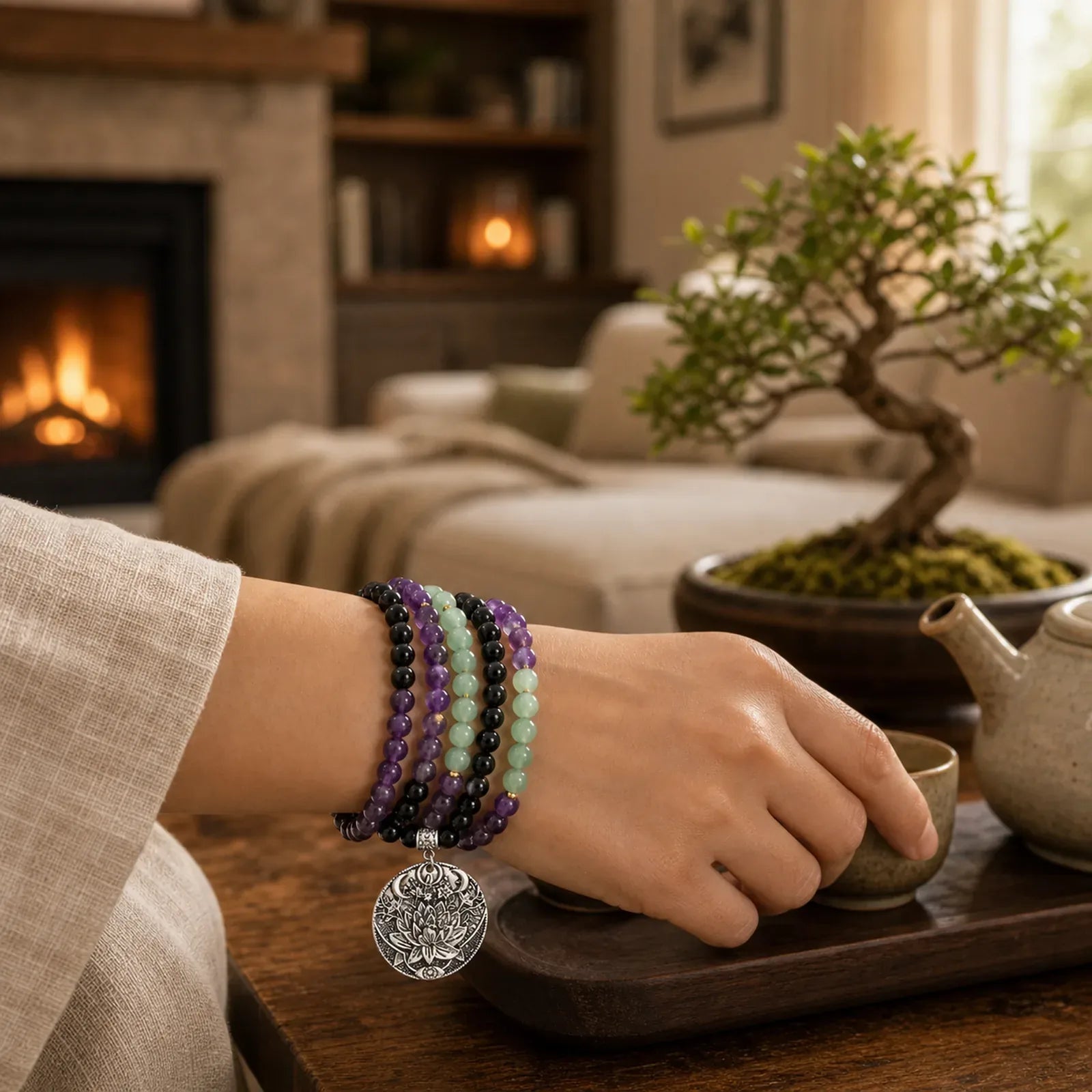108 Mala Beads Amethyst Green Aventurine Lotus Meditation Bracelet featuring Amethyst, Green Aventurine, Lotus