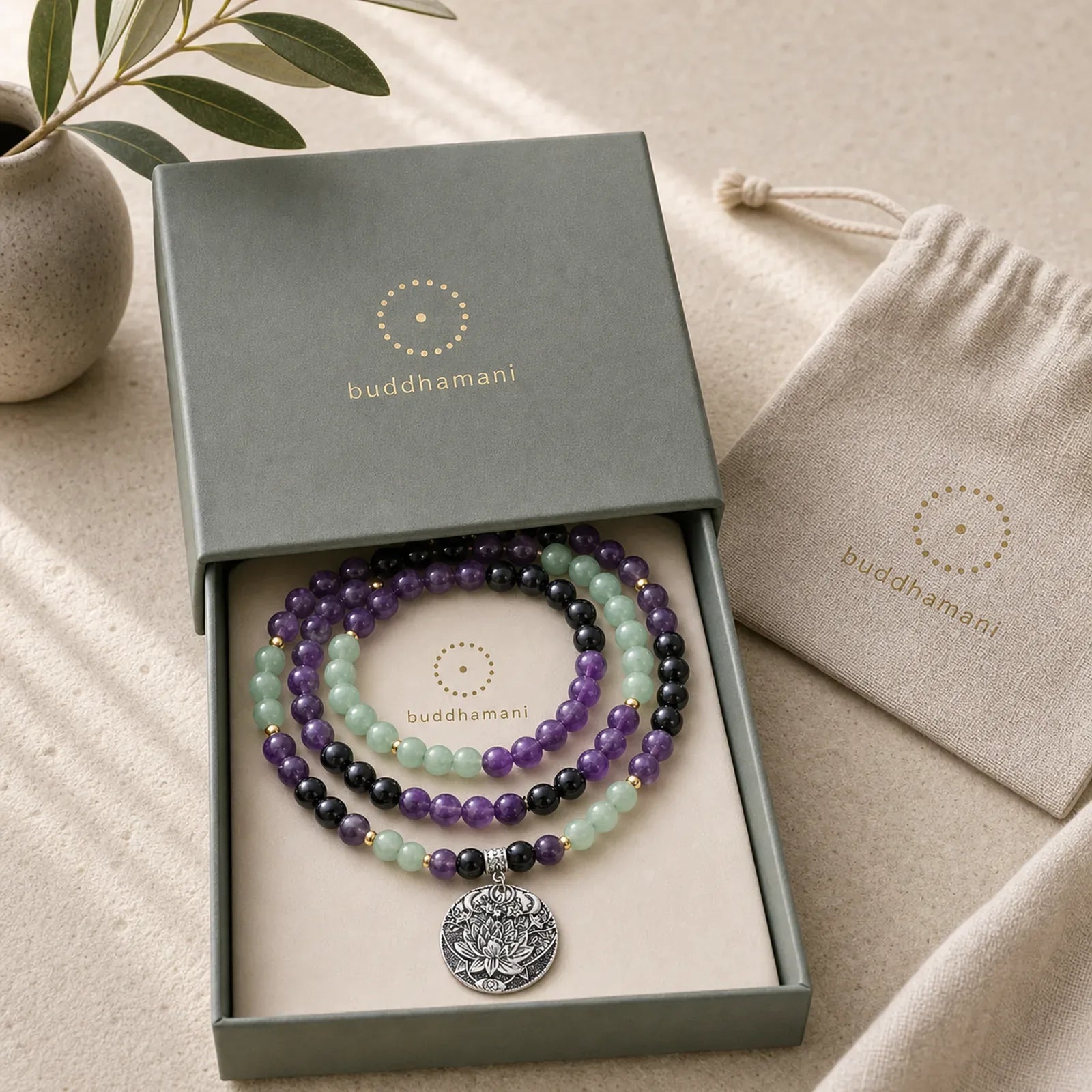 108 Mala Beads Amethyst Green Aventurine Lotus Meditation Bracelet featuring Amethyst, Green Aventurine, Lotus