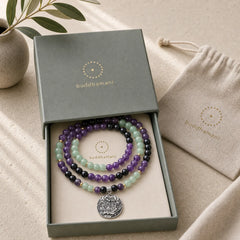 108 Mala Beads Amethyst Green Aventurine Lotus Meditation Bracelet featuring Amethyst, Green Aventurine, Lotus