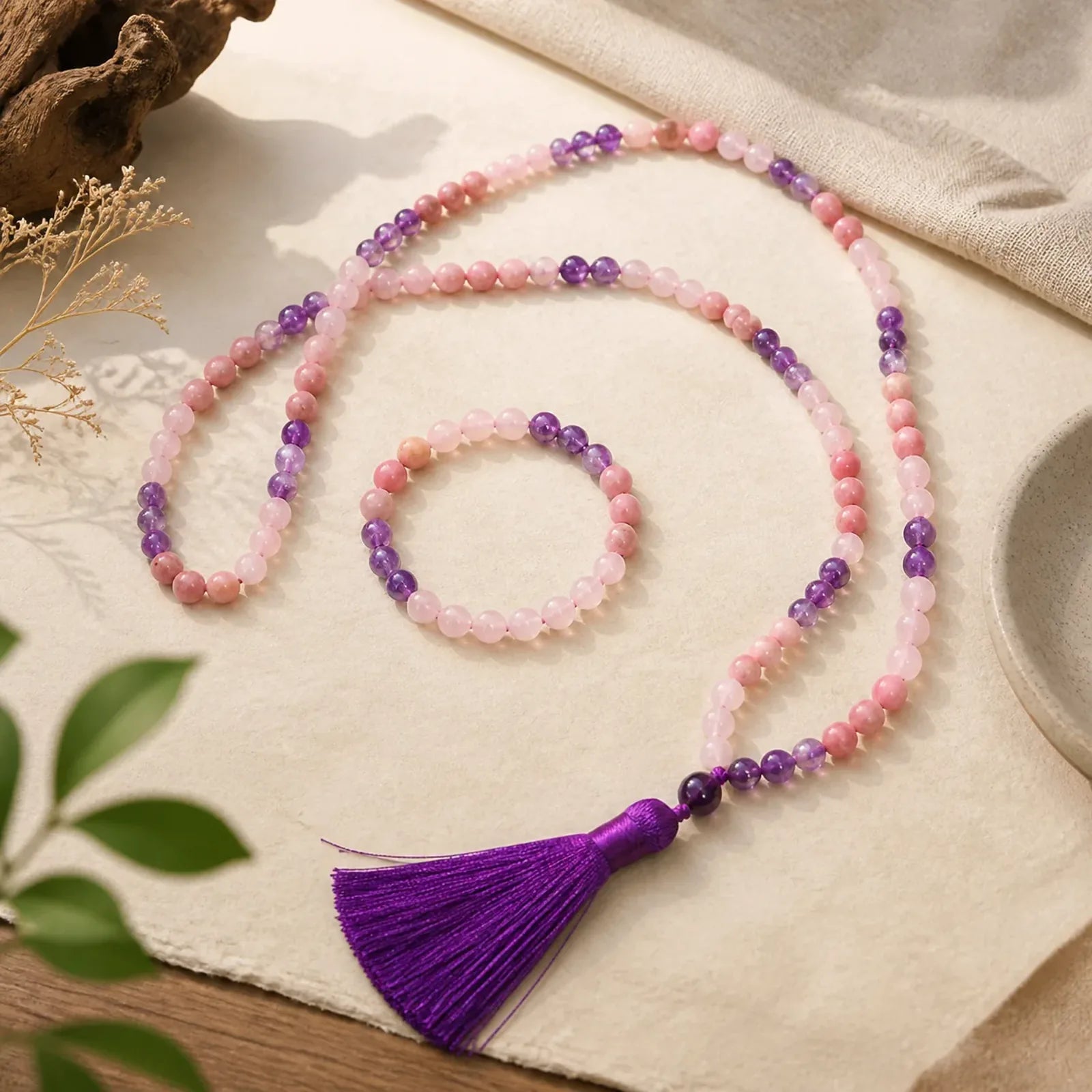 108 Mala Beads Amethyst Rose Quartz Spiritual Healing Tassel Bracelet featuring Amethyst, Rose Quartz