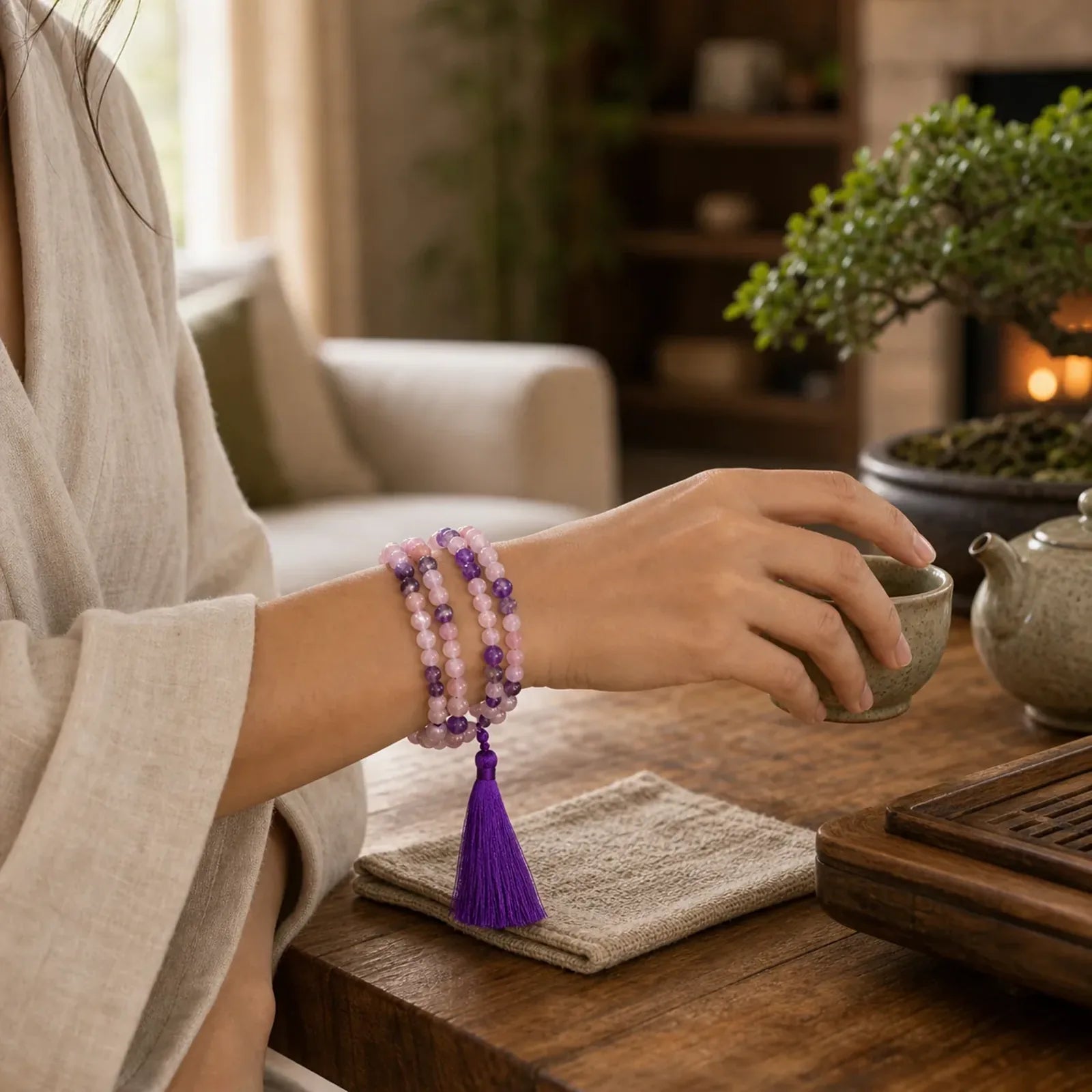 108 Mala Beads Amethyst Rose Quartz Spiritual Healing Tassel Bracelet featuring Amethyst, Rose Quartz