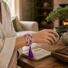 108 Mala Beads Amethyst Rose Quartz Spiritual Healing Tassel Bracelet featuring Amethyst, Rose Quartz