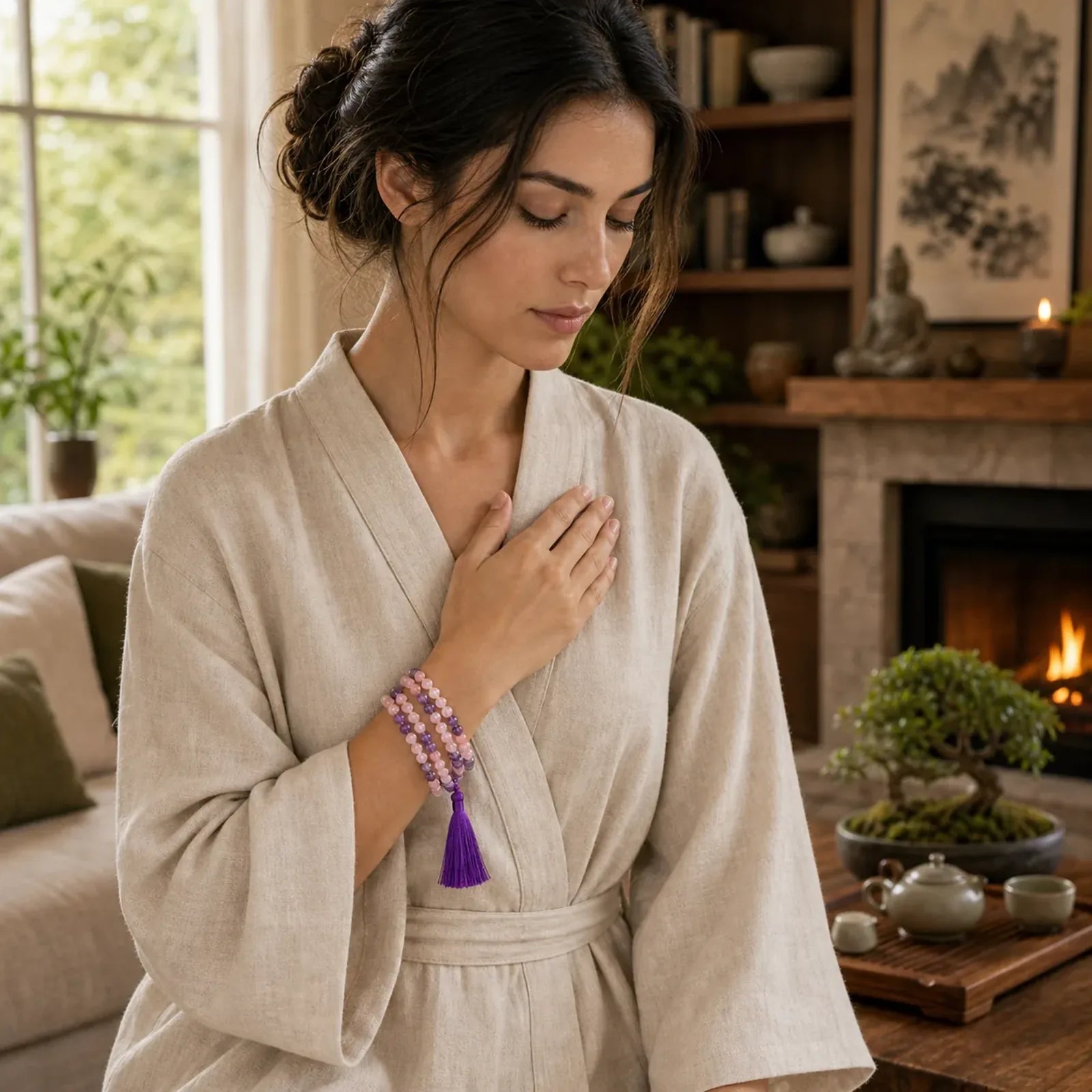 108 Mala Beads Amethyst Rose Quartz Spiritual Healing Tassel Bracelet featuring Amethyst, Rose Quartz