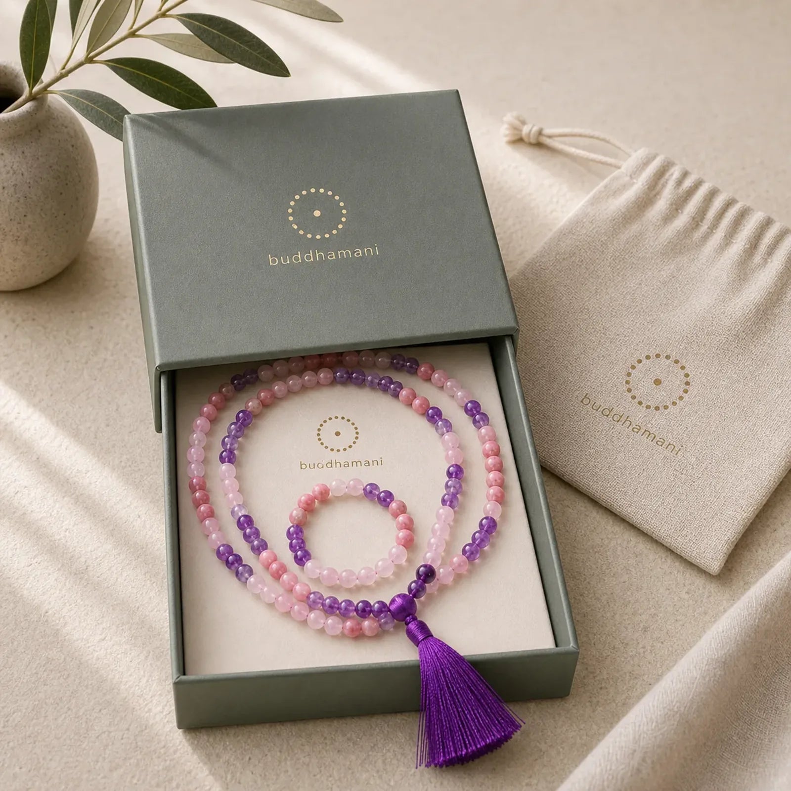 108 Mala Beads Amethyst Rose Quartz Spiritual Healing Tassel Bracelet featuring Amethyst, Rose Quartz