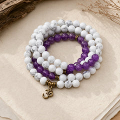 108 Mala Beads Amethyst White Turquoise OM Healing Meditation Energy Bracelet featuring Amethyst, White Turquoise, Turquoise