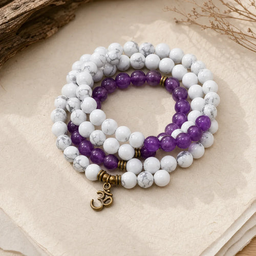 108 Mala Beads Amethyst White Turquoise OM Healing Meditation Energy Bracelet featuring Amethyst, White Turquoise, Turquoise