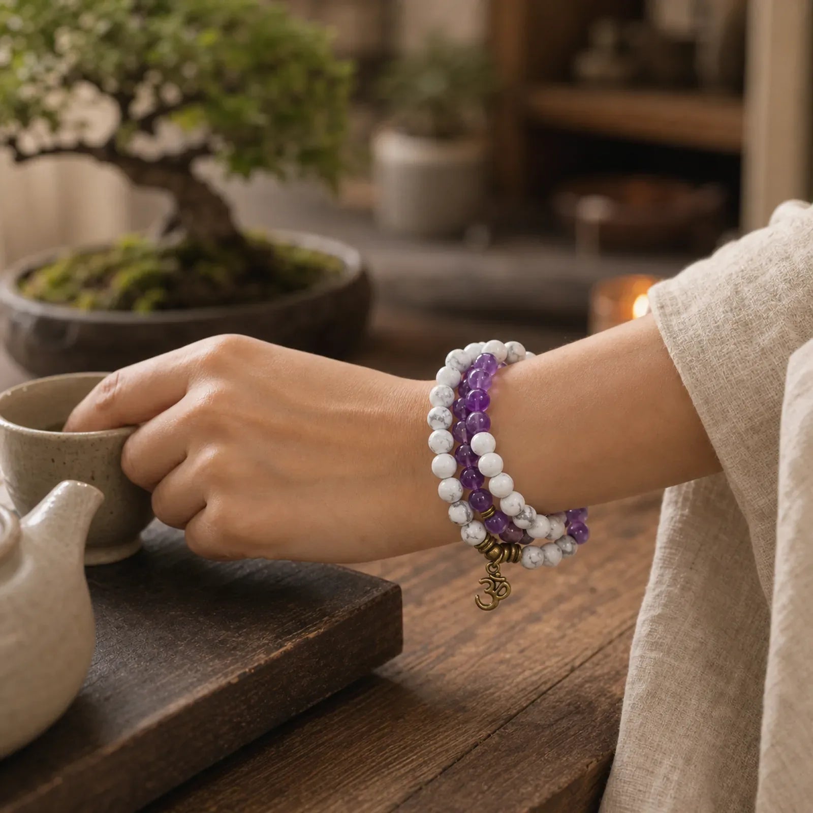 108 Mala Beads Amethyst White Turquoise OM Healing Meditation Energy Bracelet featuring Amethyst, White Turquoise, Turquoise
