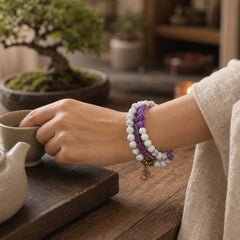 108 Mala Beads Amethyst White Turquoise OM Healing Meditation Energy Bracelet featuring Amethyst, White Turquoise, Turquoise