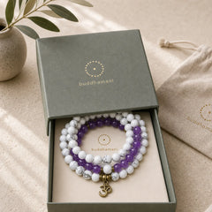 108 Mala Beads Amethyst White Turquoise OM Healing Meditation Energy Bracelet featuring Amethyst, White Turquoise, Turquoise