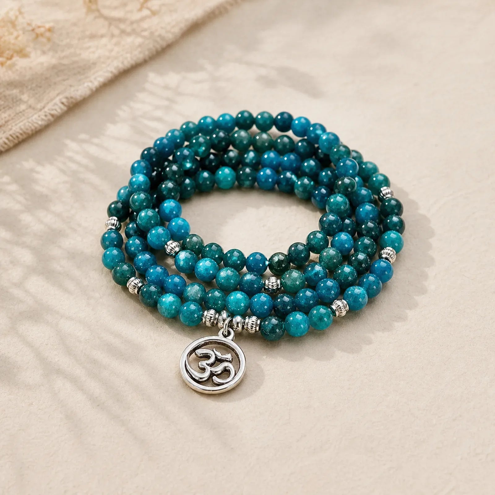 108 Mala Beads Apatite Bead Om The Tree Of Life Lotus Buddha Bracelet featuring Apatite, Om, The Tree of Life