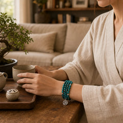 108 Mala Beads Apatite Bead Om The Tree Of Life Lotus Buddha Bracelet featuring Apatite, Om, The Tree of Life