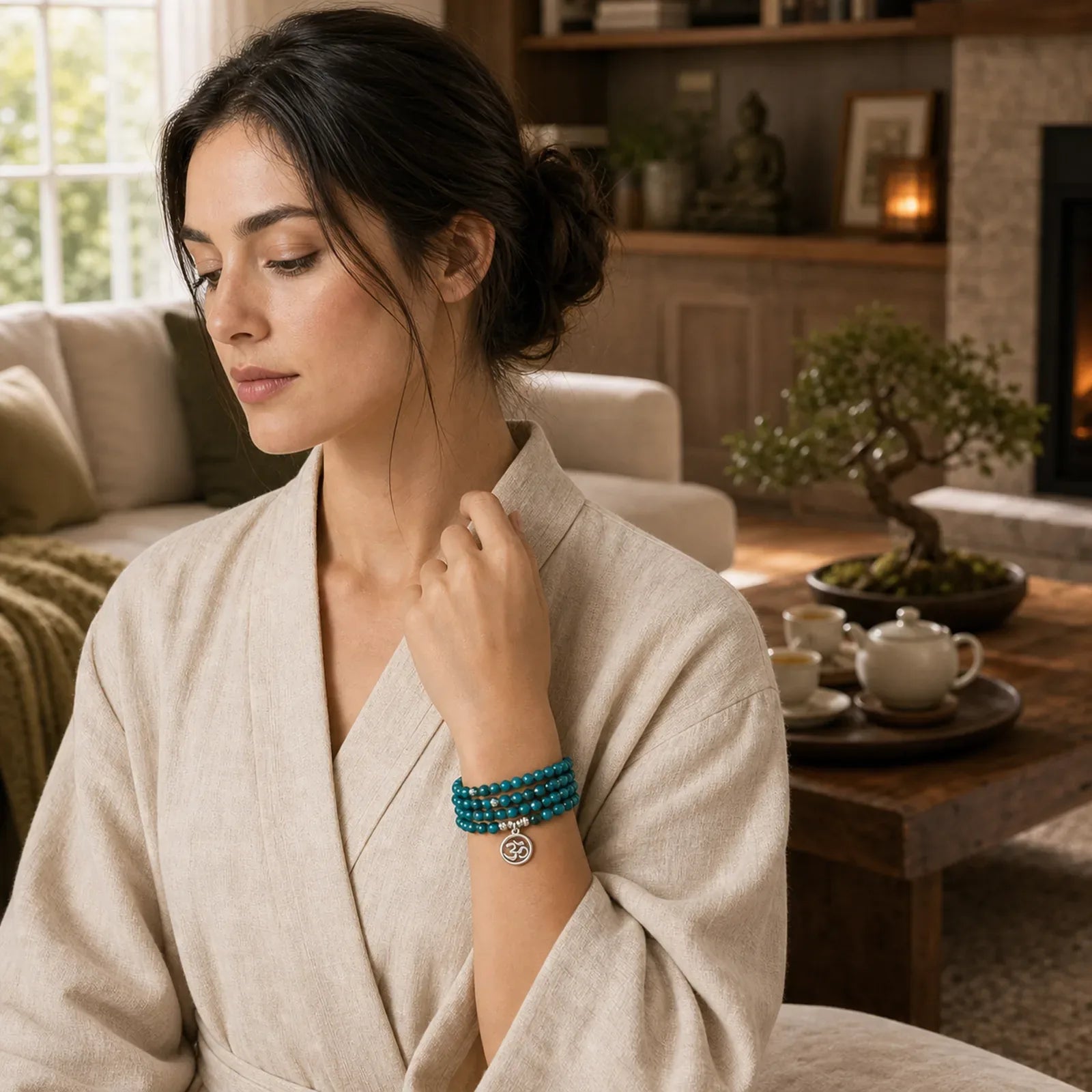 108 Mala Beads Apatite Bead Om The Tree Of Life Lotus Buddha Bracelet featuring Apatite, Om, The Tree of Life