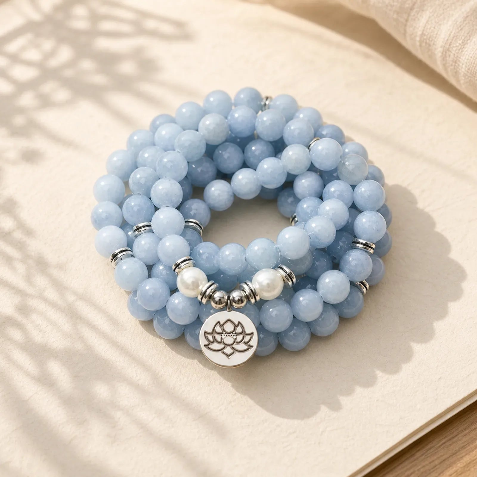 108 Mala Beads Aquamarine Healing Bracelet featuring Aquamarine, Lotus