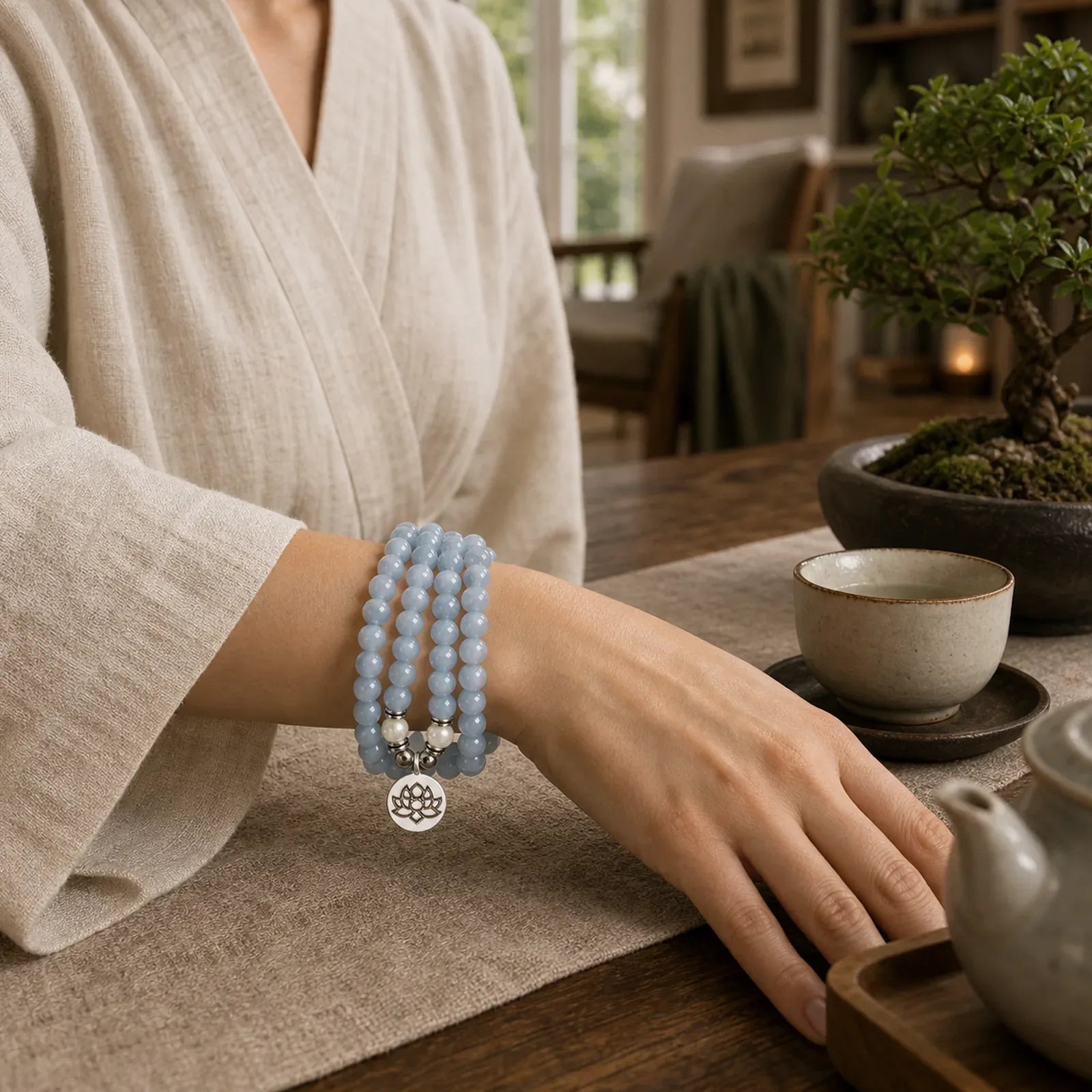 108 Mala Beads Aquamarine Healing Bracelet featuring Aquamarine, Lotus