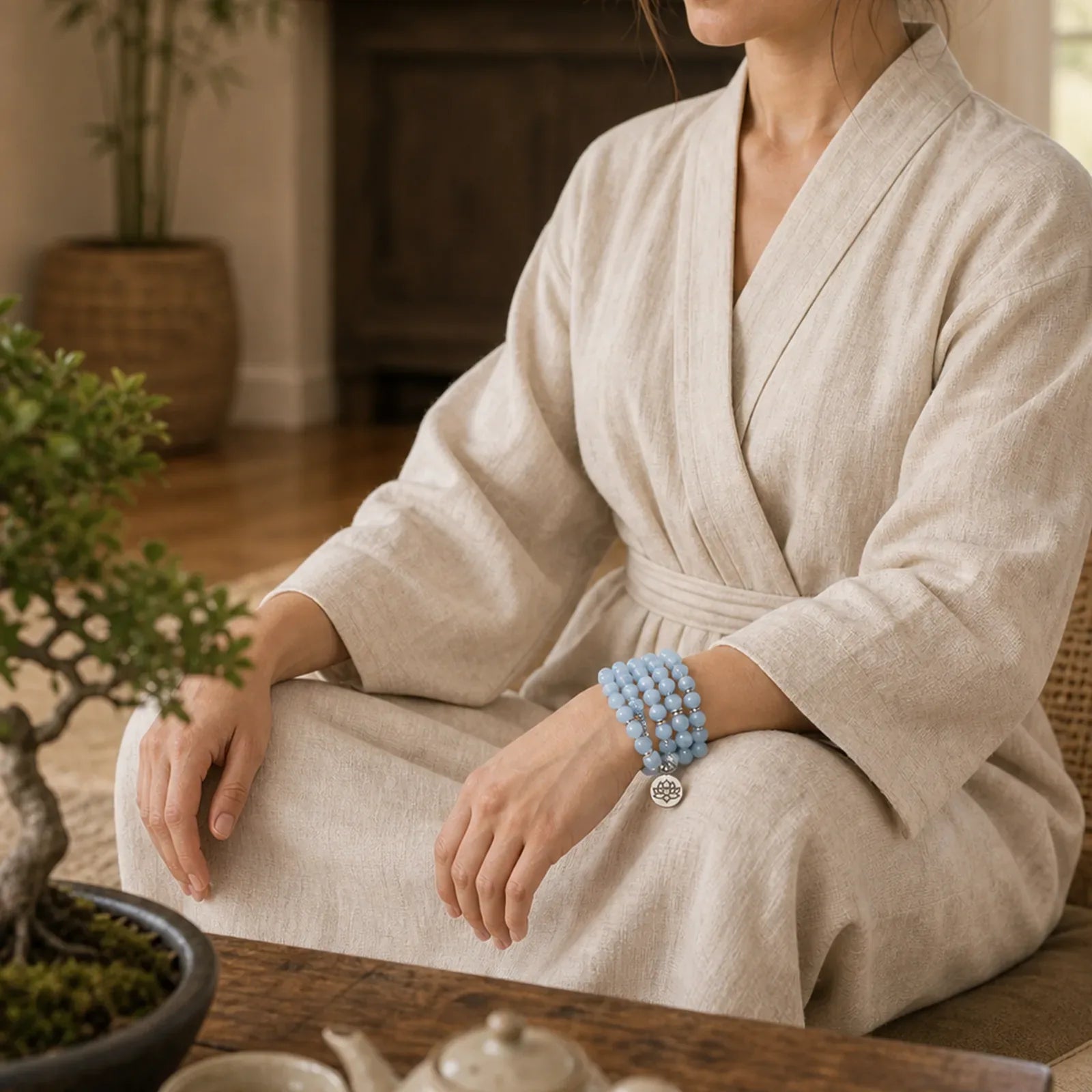 108 Mala Beads Aquamarine Healing Bracelet featuring Aquamarine, Lotus