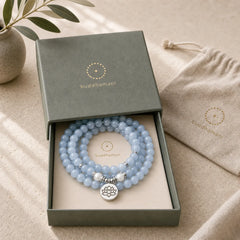 108 Mala Beads Aquamarine Healing Bracelet featuring Aquamarine, Lotus