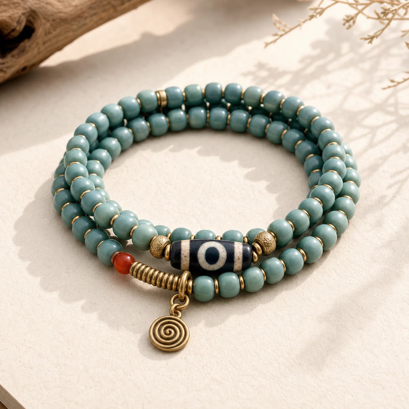 108 Mala Beads Bodhi Seed Dzi Bead Wisdom Bracelet featuring Bodhi Seed, Dzi Bead, Nine-Eye Dzi Bead