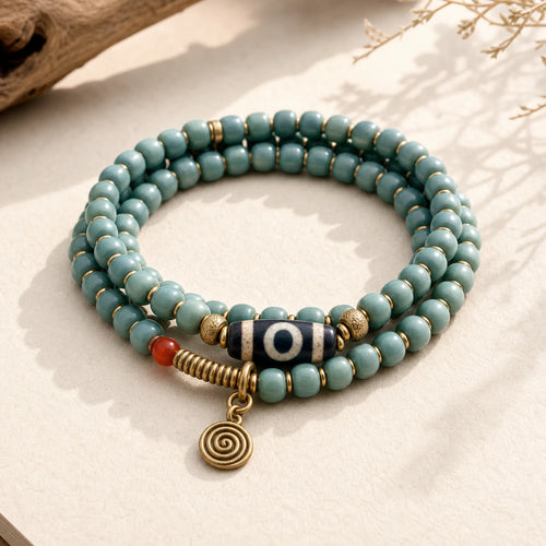 108 Mala Beads Bodhi Seed Dzi Bead Wisdom Bracelet featuring Bodhi Seed, Dzi Bead, Nine-Eye Dzi Bead