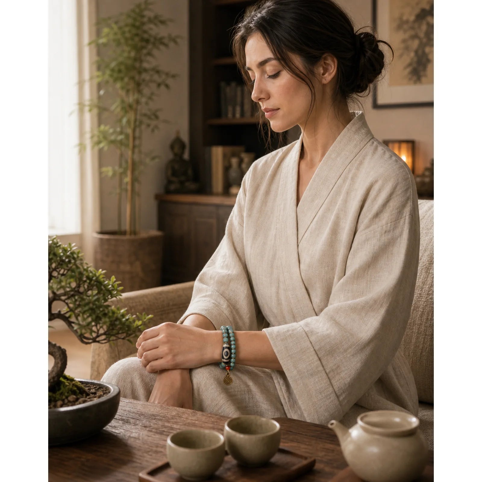 108 Mala Beads Bodhi Seed Dzi Bead Wisdom Bracelet featuring Bodhi Seed, Dzi Bead, Nine-Eye Dzi Bead