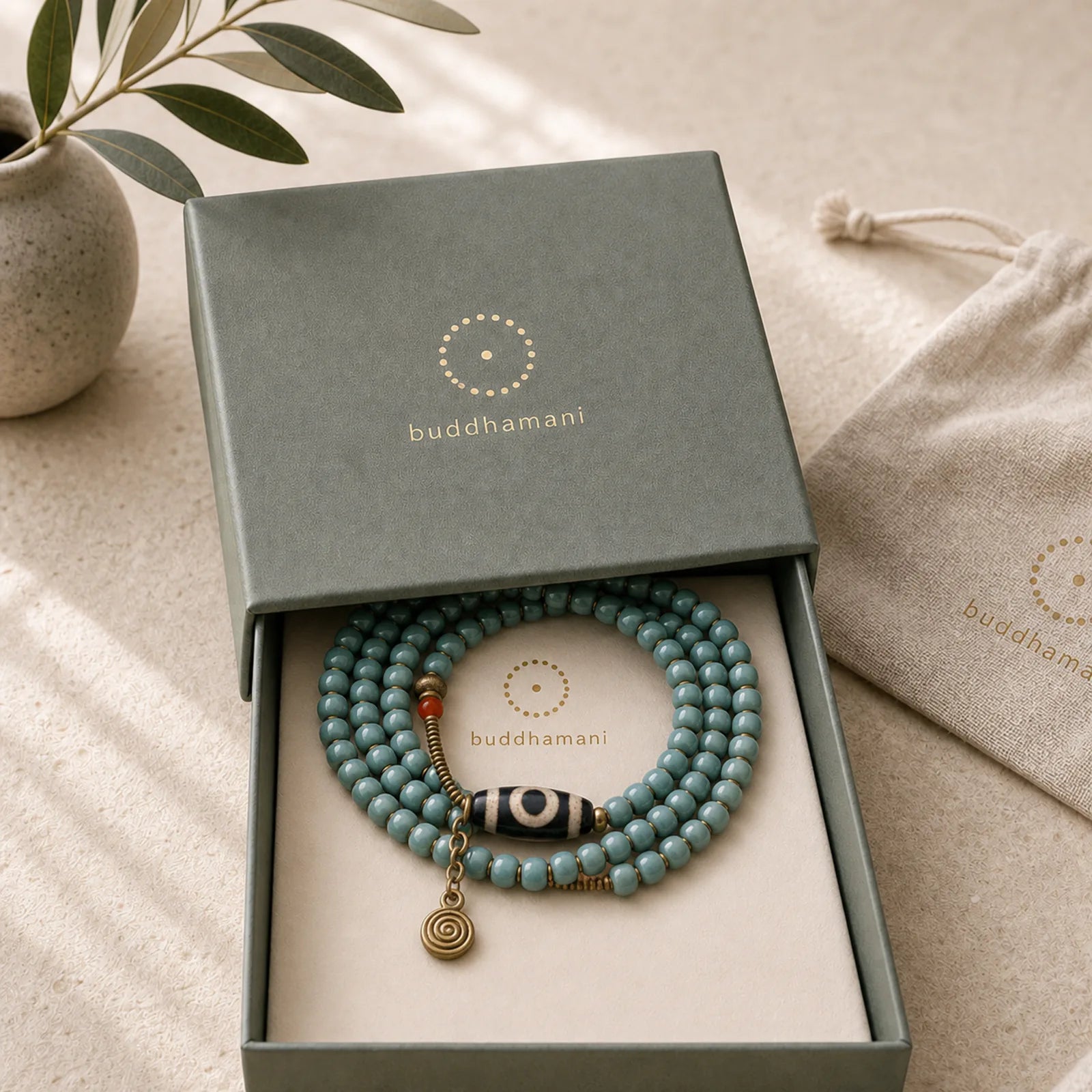 108 Mala Beads Bodhi Seed Dzi Bead Wisdom Bracelet featuring Bodhi Seed, Dzi Bead, Nine-Eye Dzi Bead