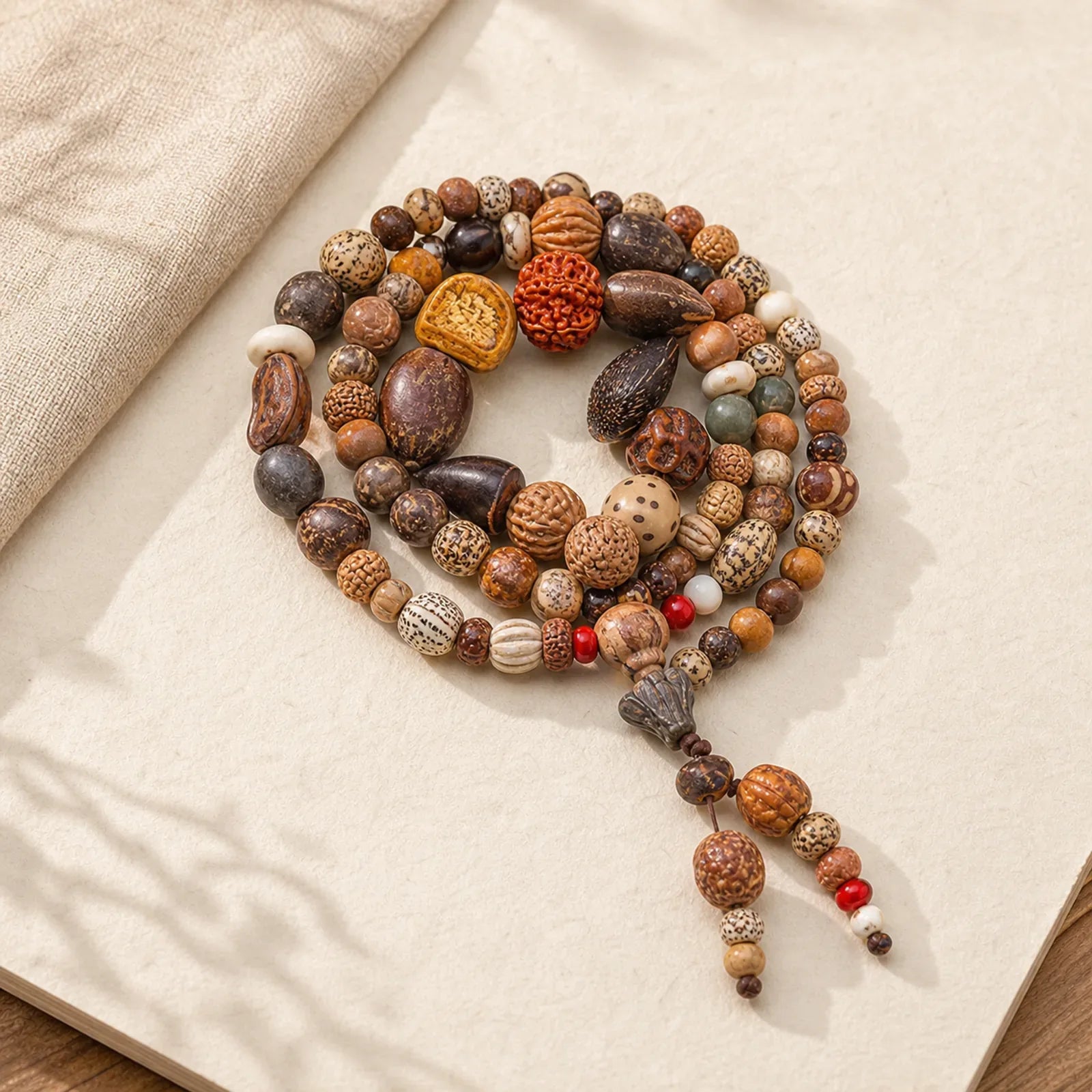 108 Mala Beads Bodhi Seed Luck Wealth Bracelet Wrist Mala featuring Bodhi Seed, Lotus