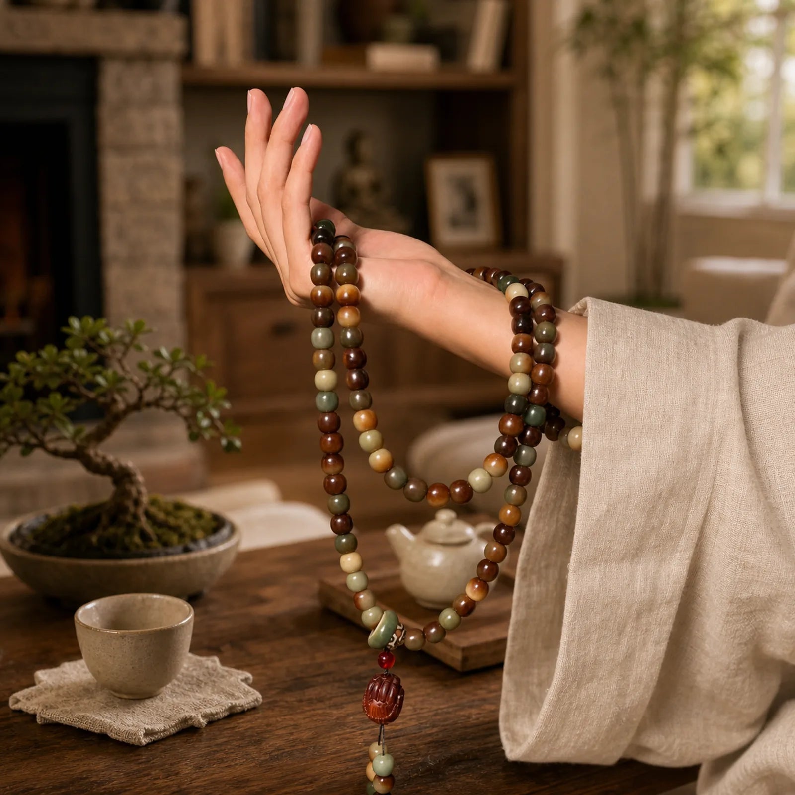 108 Mala Beads Bodhi Seed Peace Wisdom Bracelet Wrist Mala Pocket Mala featuring Bodhi Seed, Small Leaf Red Sandalwood, Red Sandalwood