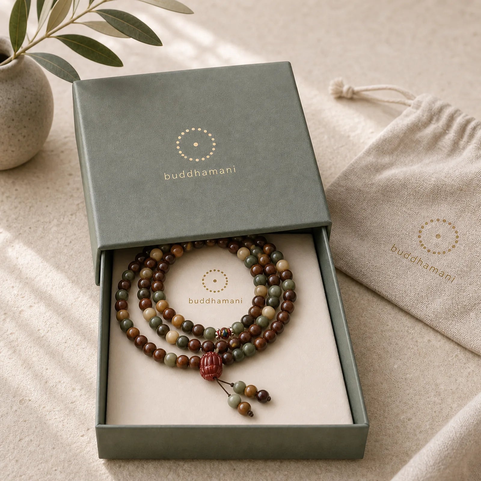 108 Mala Beads Bodhi Seed Peace Wisdom Bracelet Wrist Mala Pocket Mala featuring Bodhi Seed, Small Leaf Red Sandalwood, Red Sandalwood