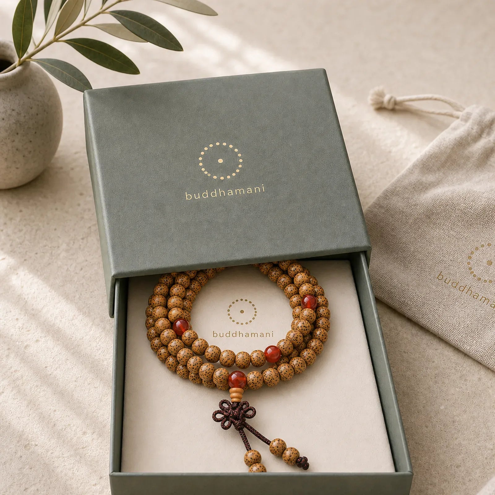 108 Mala Beads Bodhi Seed Red Agate Auspiciousness Bracelet featuring Bodhi Seed, Red Agate