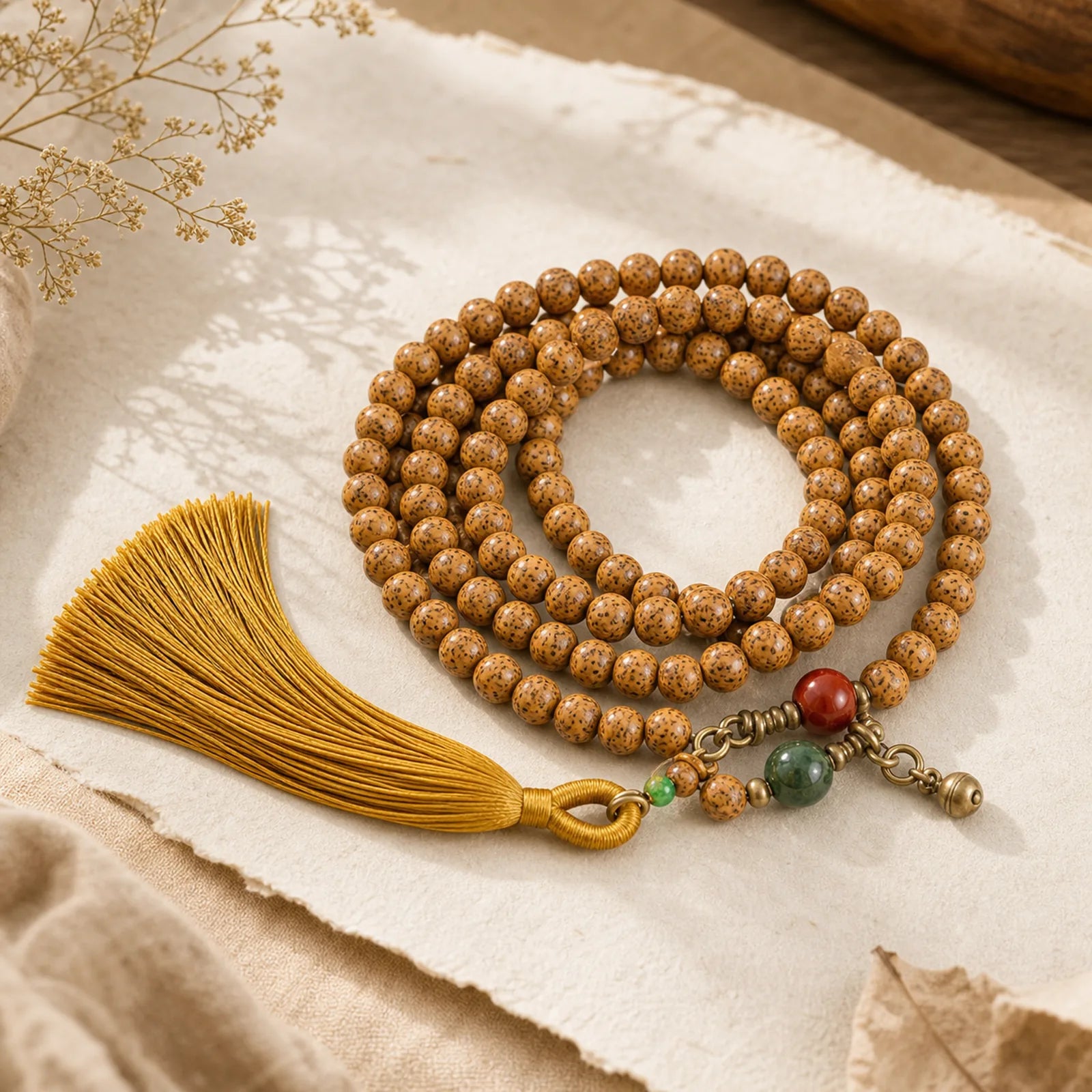 108 Mala Beads Bodhi Seed Wisdom Peace Tassel Bracelet featuring Bodhi Seed, Jade, Cinnabar
