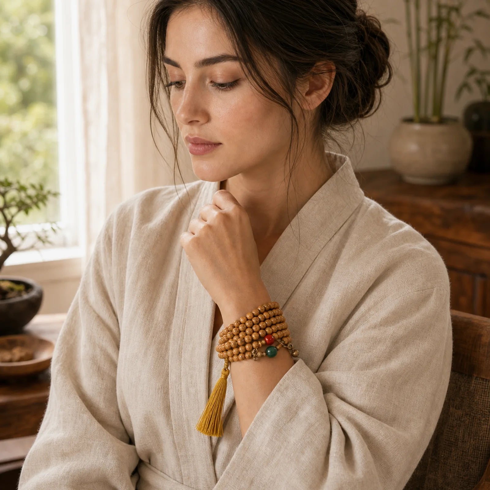 108 Mala Beads Bodhi Seed Wisdom Peace Tassel Bracelet featuring Bodhi Seed, Jade, Cinnabar
