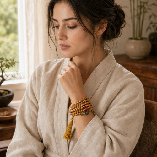 108 Mala Beads Bodhi Seed Wisdom Peace Tassel Bracelet featuring Bodhi Seed, Jade, Cinnabar