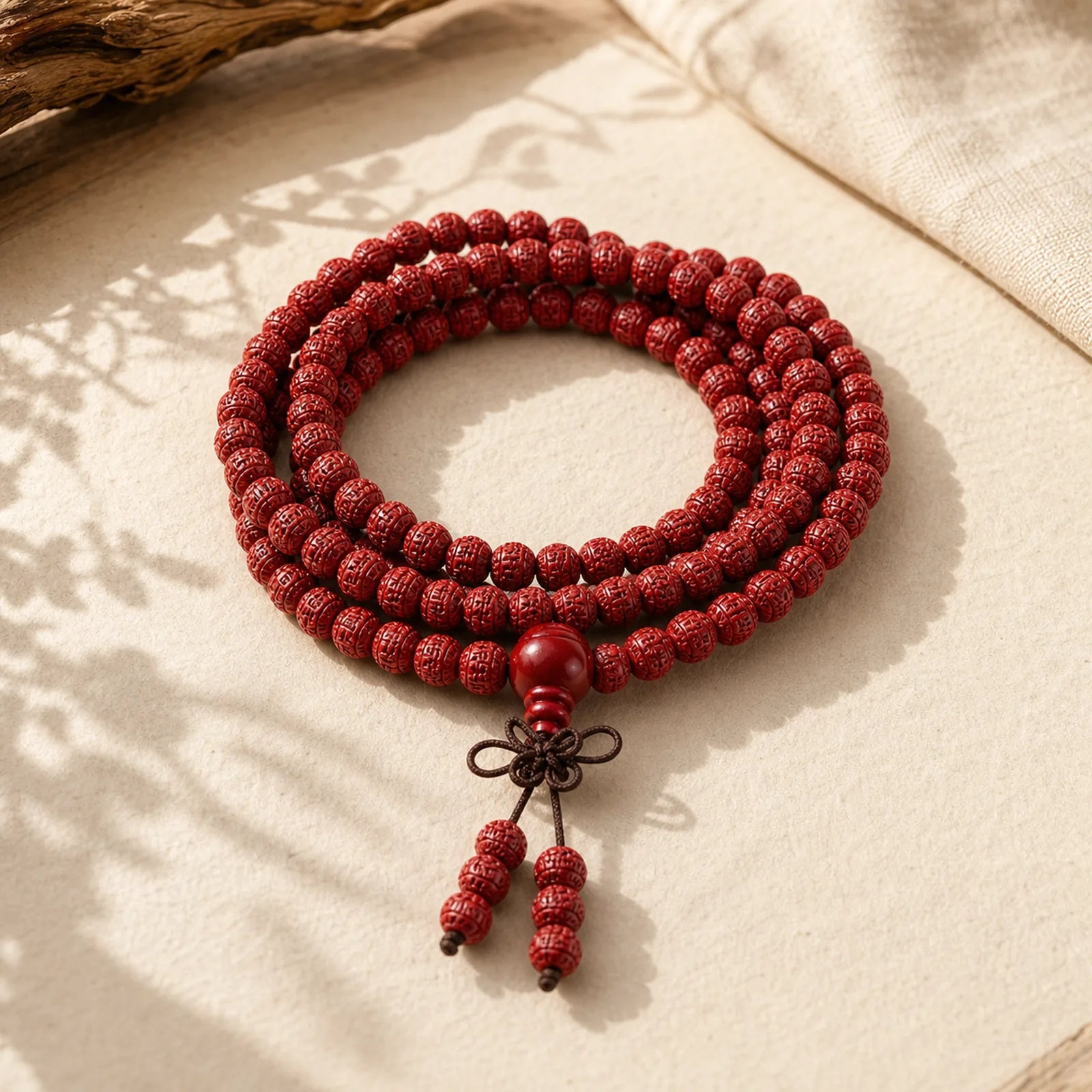 108 Mala Beads Cinnabar Om Mani Padme Hum Pattern Engraved Blessing Bracelet featuring Cinnabar, Om Mani Padme Hum, Om