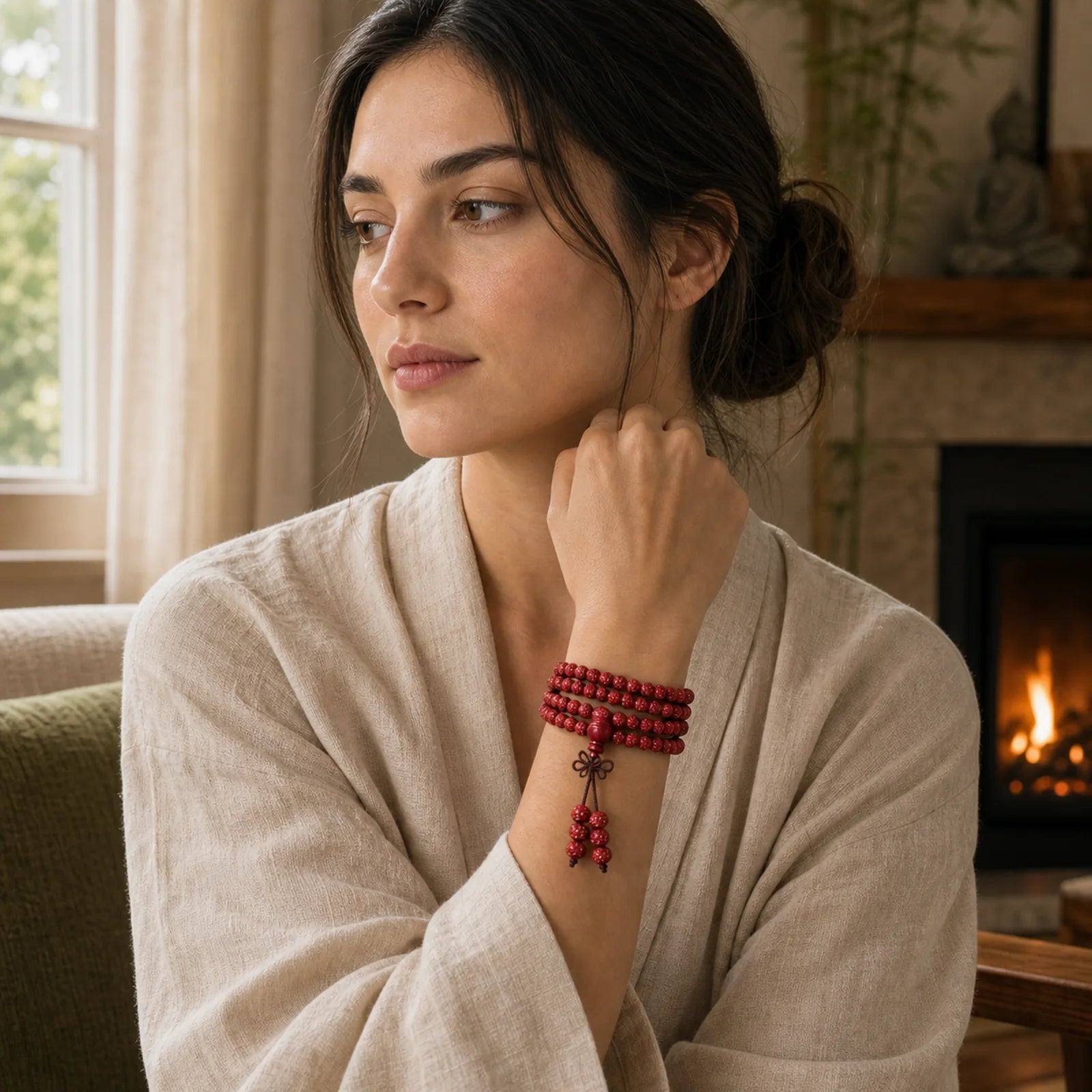 108 Mala Beads Cinnabar Om Mani Padme Hum Pattern Engraved Blessing Bracelet featuring Cinnabar, Om Mani Padme Hum, Om