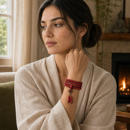 108 Mala Beads Cinnabar Om Mani Padme Hum Pattern Engraved Blessing Bracelet featuring Cinnabar, Om Mani Padme Hum, Om
