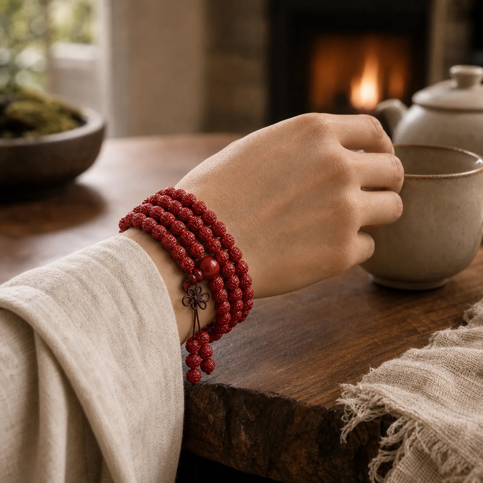 108 Mala Beads Cinnabar Om Mani Padme Hum Pattern Engraved Blessing Bracelet featuring Cinnabar, Om Mani Padme Hum, Om