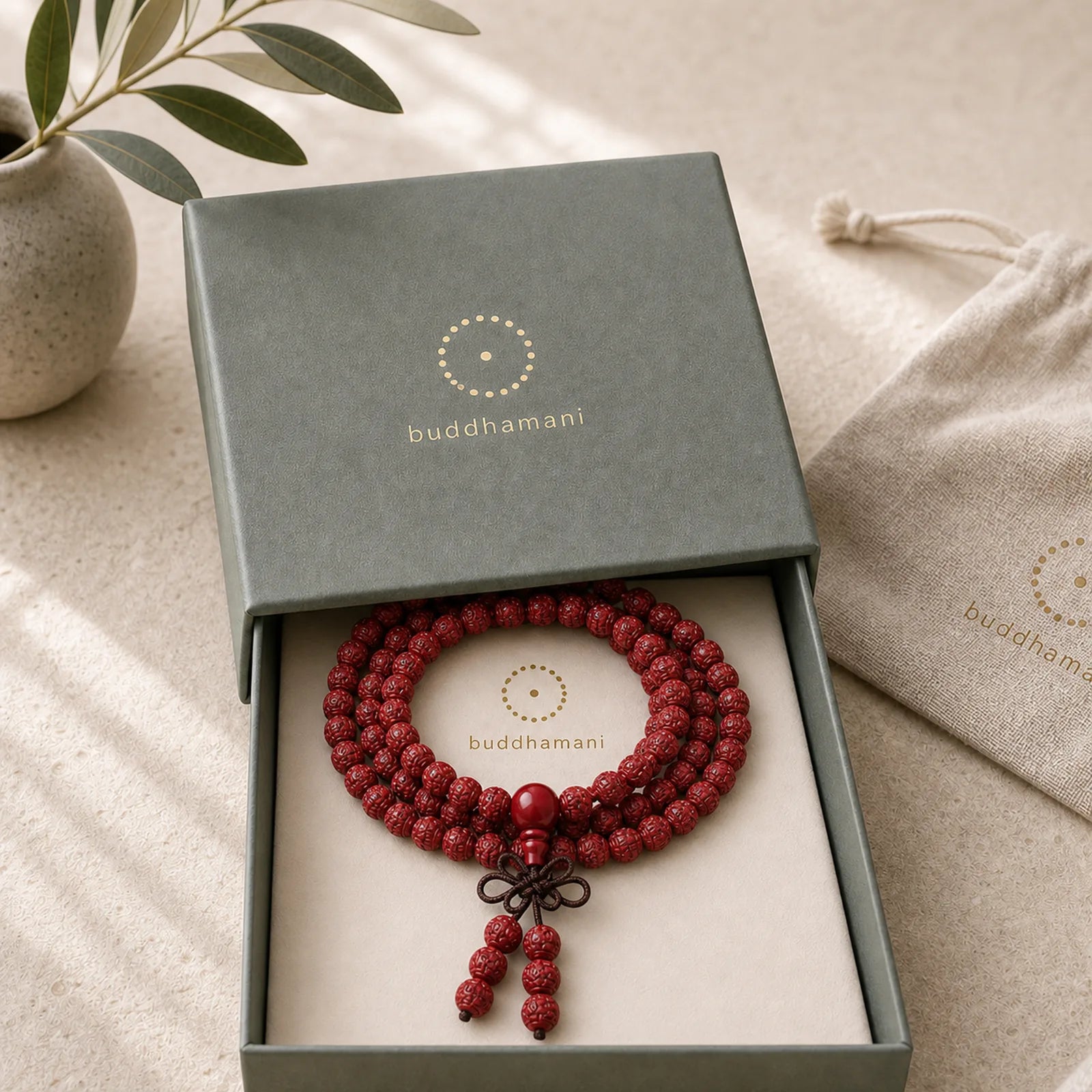 108 Mala Beads Cinnabar Om Mani Padme Hum Pattern Engraved Blessing Bracelet featuring Cinnabar, Om Mani Padme Hum, Om