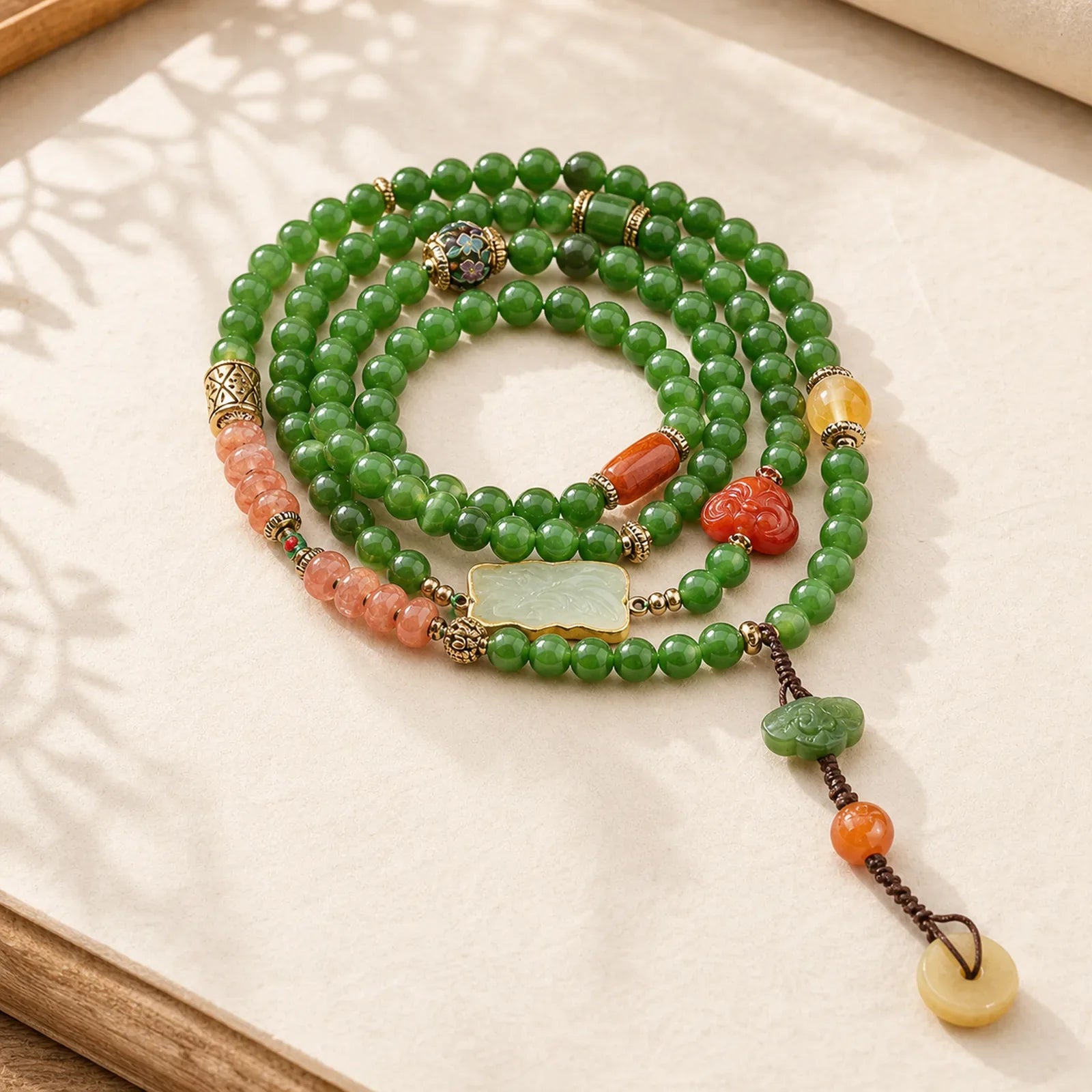 108 Mala Beads Cyan Jade Red Agate Laughing Buddha Luck Bracelet featuring Cyan Jade, Jade, Red Agate