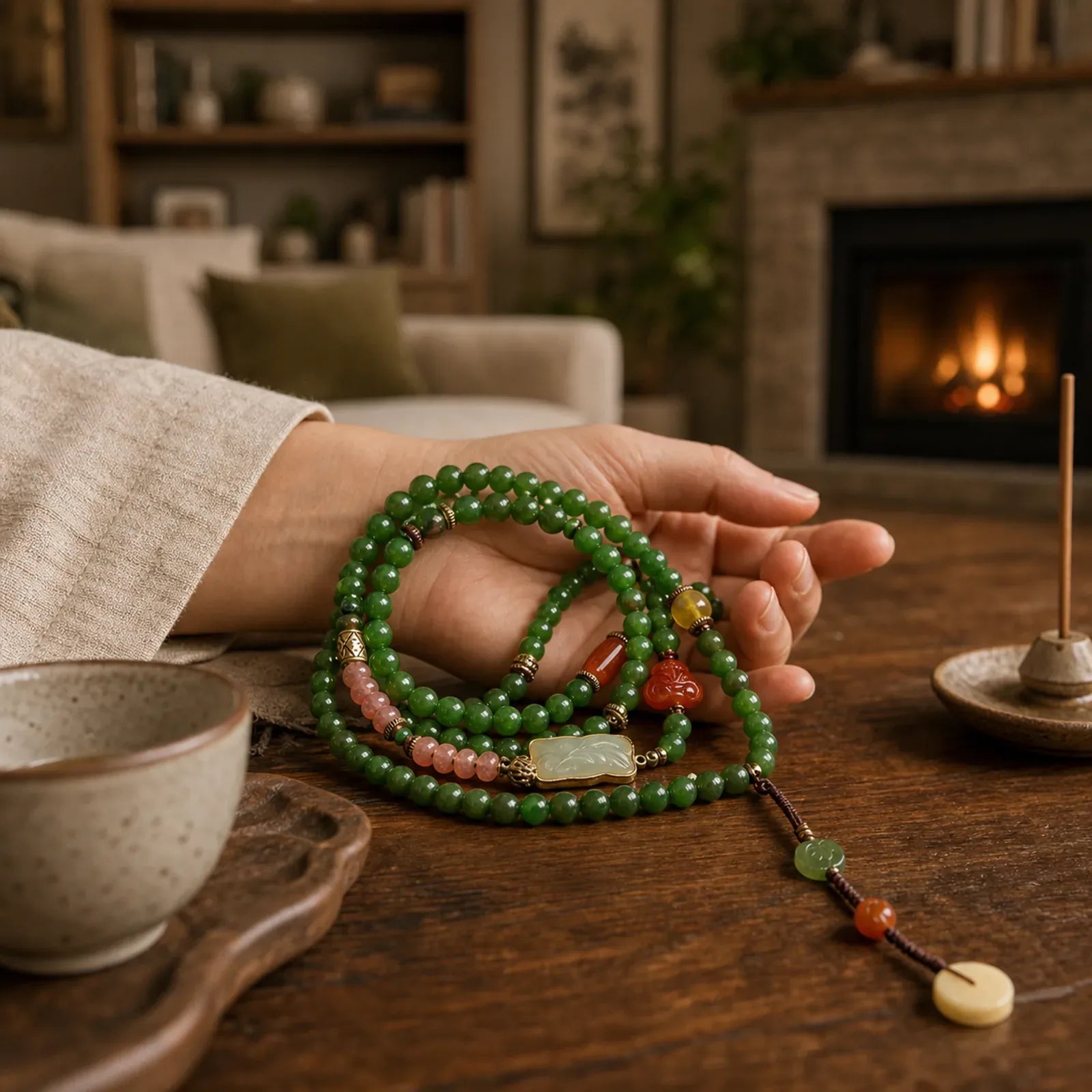 108 Mala Beads Cyan Jade Red Agate Laughing Buddha Luck Bracelet featuring Cyan Jade, Jade, Red Agate