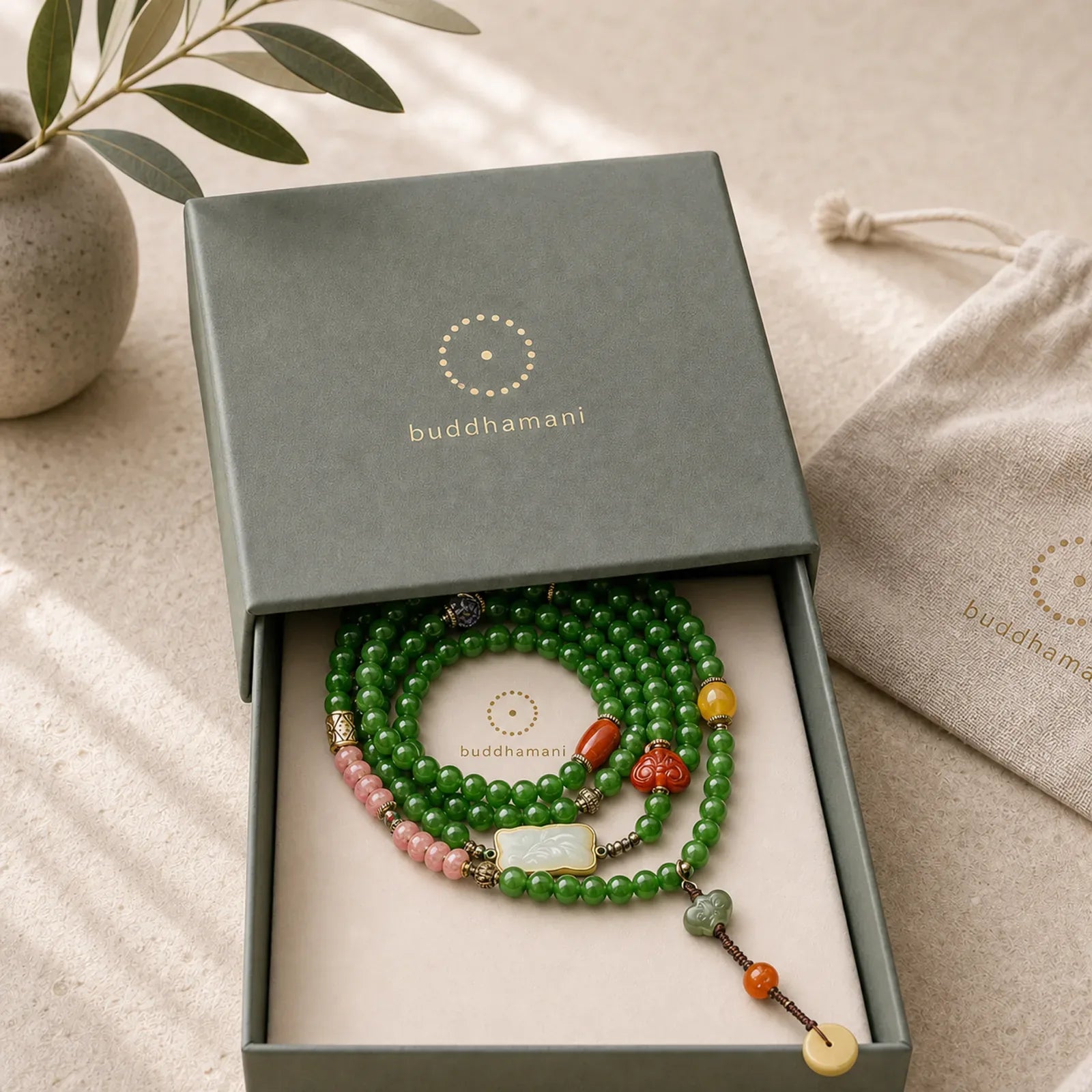 108 Mala Beads Cyan Jade Red Agate Laughing Buddha Luck Bracelet featuring Cyan Jade, Jade, Red Agate