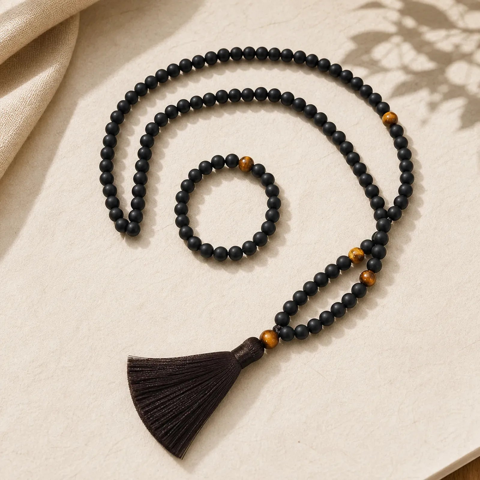 108 Mala Beads Frosted Stone Tiger Eye Balance Bracelet Necklace Pendant featuring Frosted Stone, Tiger Eye