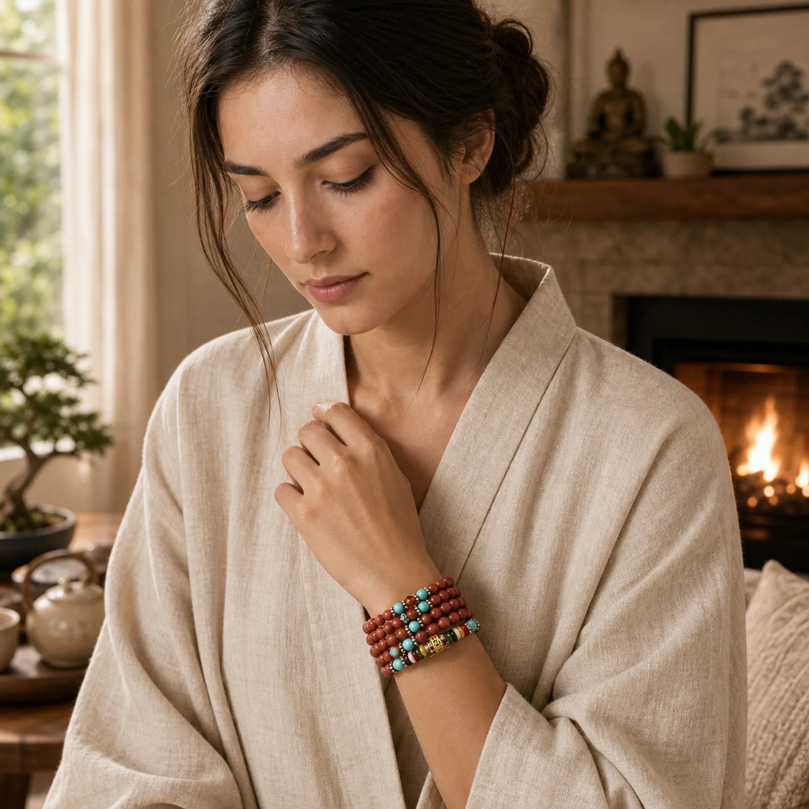 108 Mala Beads Goldstone Om Mani Padme Hum Swastika Confidence Bracelet featuring Goldstone, Om Mani Padme Hum, Om