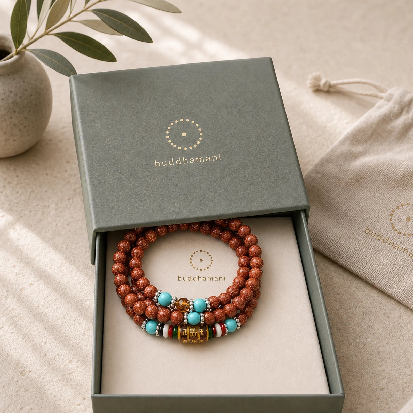 108 Mala Beads Goldstone Om Mani Padme Hum Swastika Confidence Bracelet featuring Goldstone, Om Mani Padme Hum, Om
