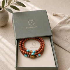 108 Mala Beads Goldstone Om Mani Padme Hum Swastika Confidence Bracelet featuring Goldstone, Om Mani Padme Hum, Om