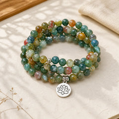 108 Mala Beads Indian Agate Lotus OM Buddha Tree of life Positive Calm Bracelet featuring Indian Agate, Lotus, Om