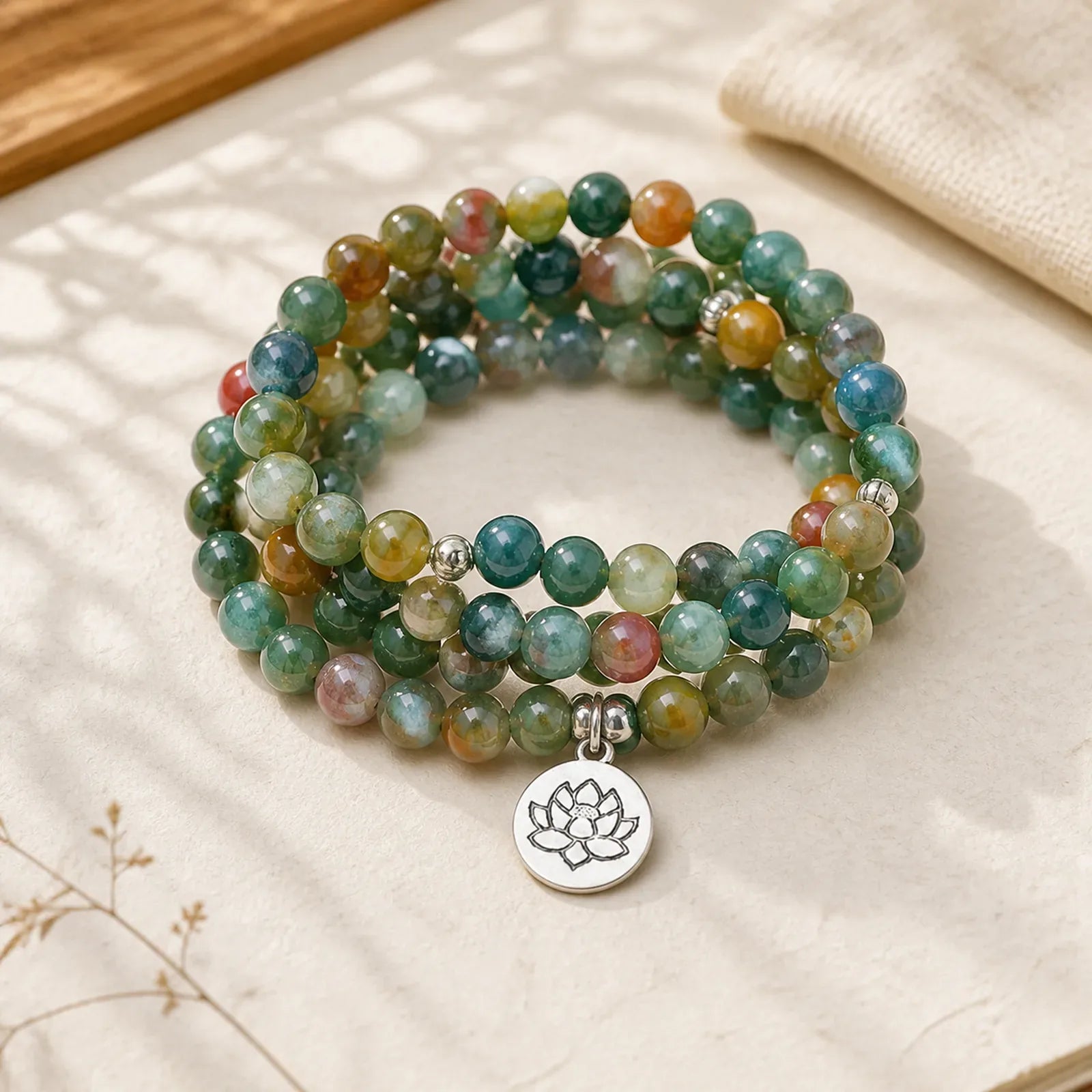108 Mala Beads Indian Agate Lotus OM Buddha Tree of life Positive Calm Bracelet featuring Indian Agate, Lotus, Om