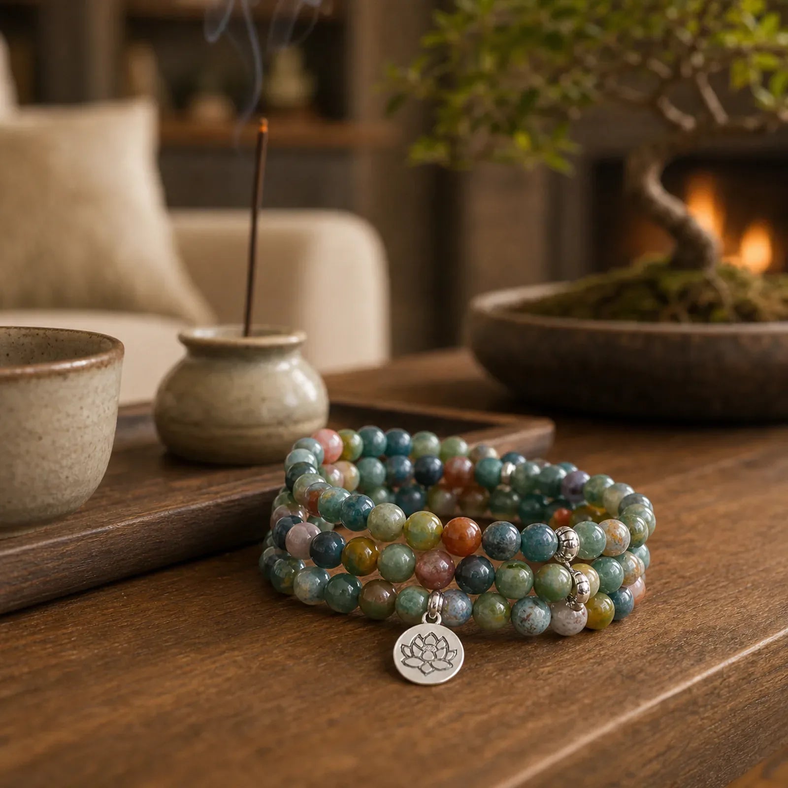 108 Mala Beads Indian Agate Lotus OM Buddha Tree of life Positive Calm Bracelet featuring Indian Agate, Lotus, Om