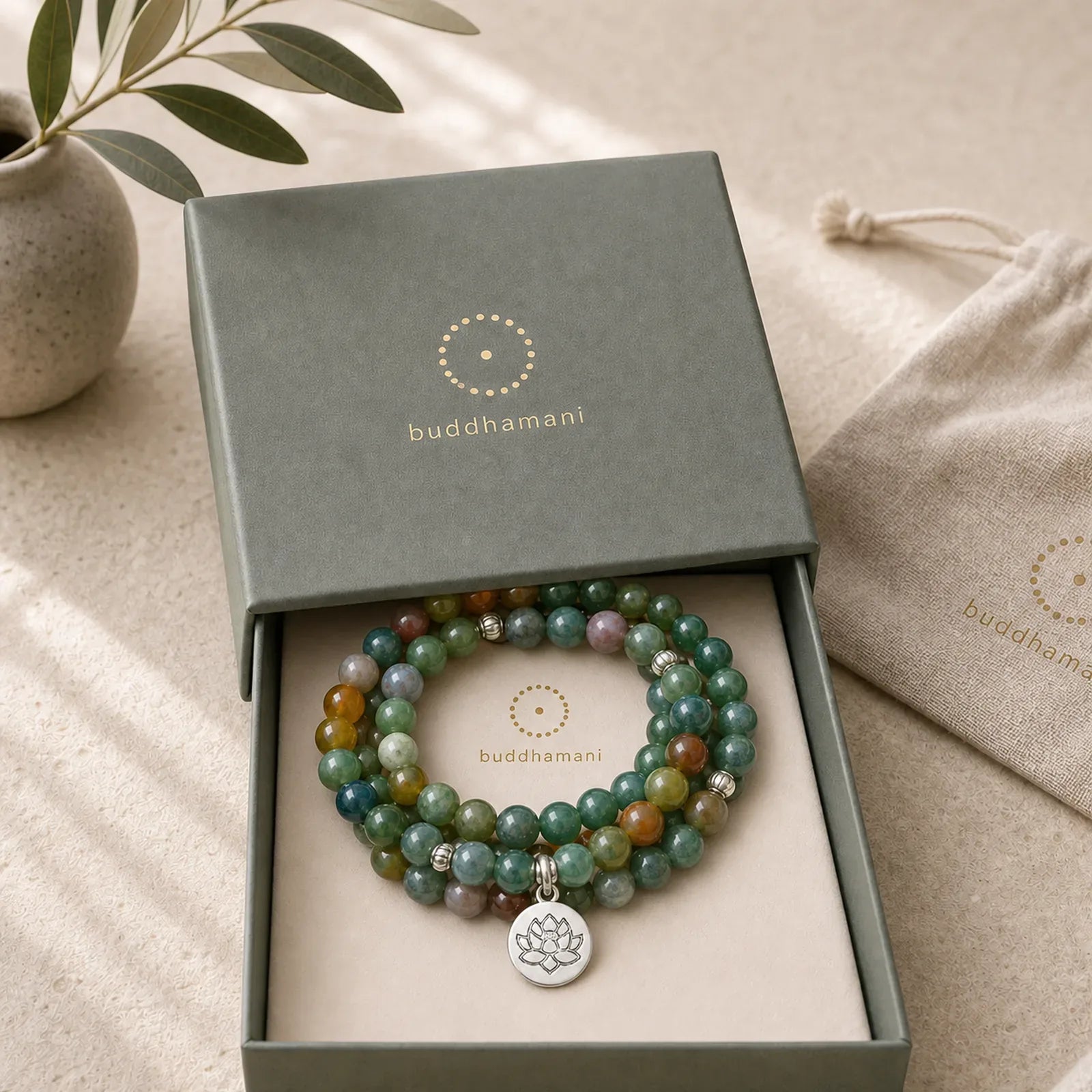 108 Mala Beads Indian Agate Lotus OM Buddha Tree of life Positive Calm Bracelet featuring Indian Agate, Lotus, Om