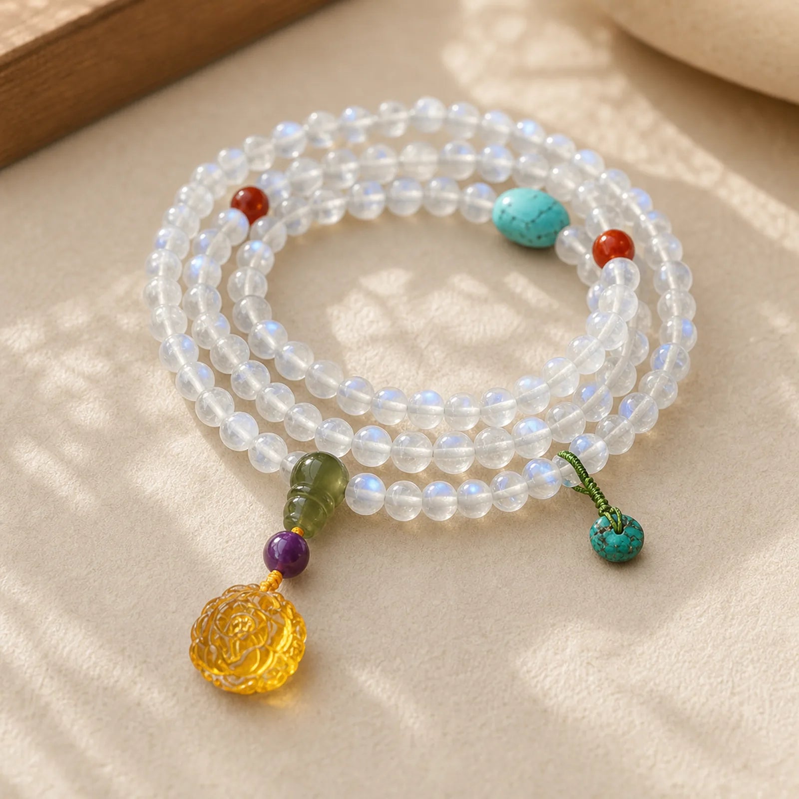 108 Mala Beads Moonstone Amber Lotus Turquoise Crystal Healing Bracelet featuring Moonstone, Amber, Lotus